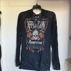 Affliction Charcoal Hoodie with Skull and Roses